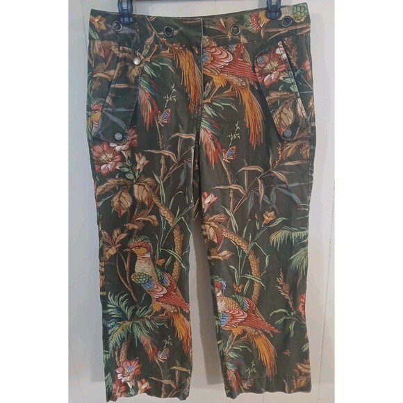 Tommy Hilfiger Pants Women Size 8 Leaves Tropical Bird  Jungle Crop 100% Cotton - Picture 1 of 6